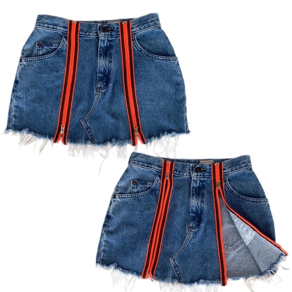 Lee Dresses & Skirts - Vintage Lee Denim Skirt Cutoff Reworked Double Front Orange Zippers